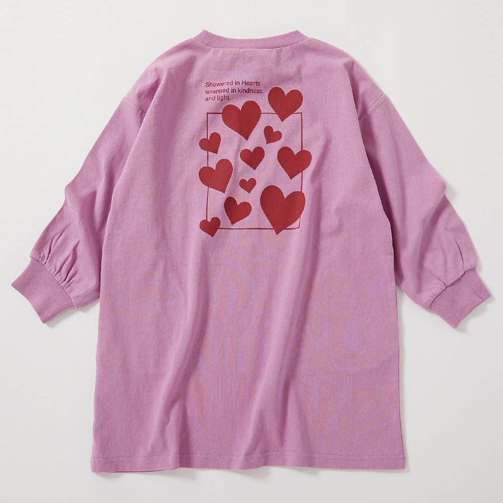 100%棉 定番印花休閒長袖洋裝-滿滿愛心-桃粉