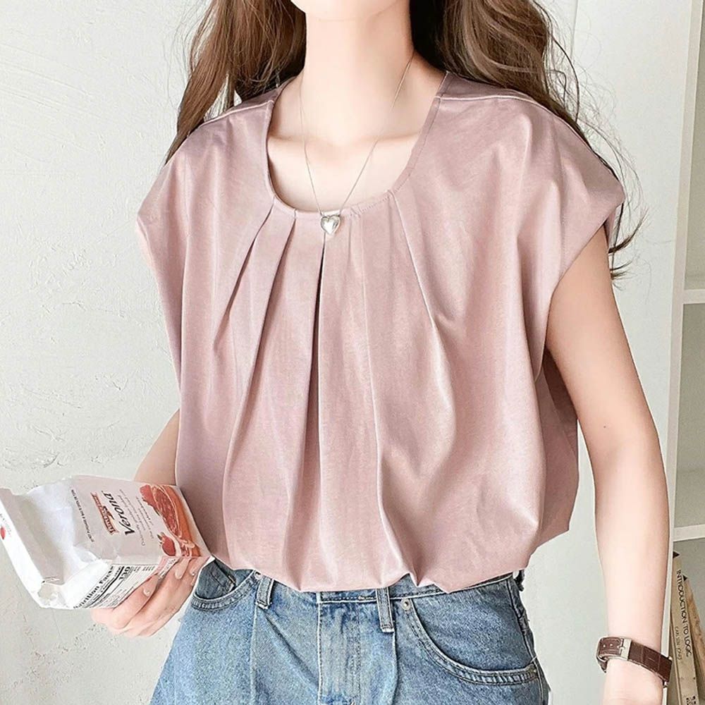 接觸涼感 柔美皺摺法式袖上衣-卡其粉