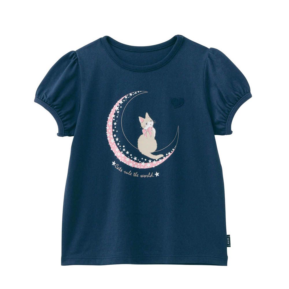 GITA 天竺棉泡泡袖上衣-貓咪-海軍藍