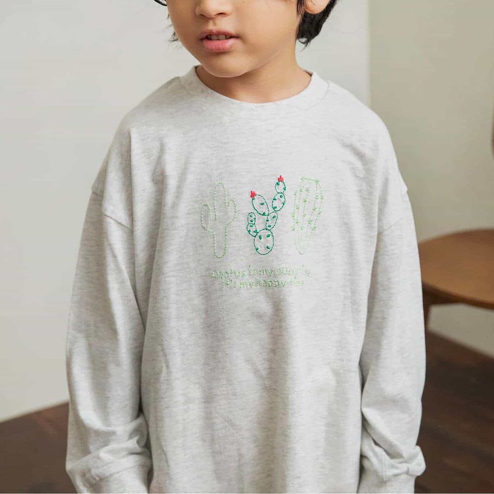 純棉舒適低調刺繡長袖上衣-仙人掌-象牙白