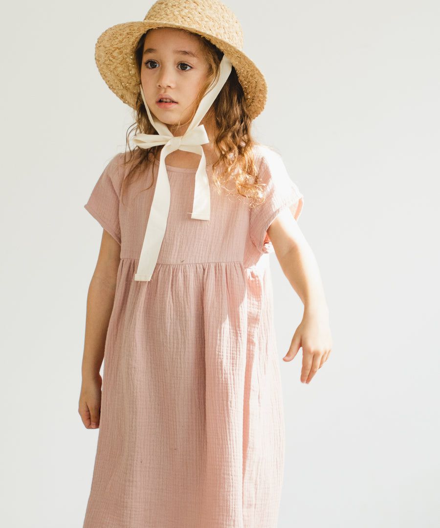 日本 PAIRMANON - 純棉微皺感短袖素色洋裝(孩子)-紅