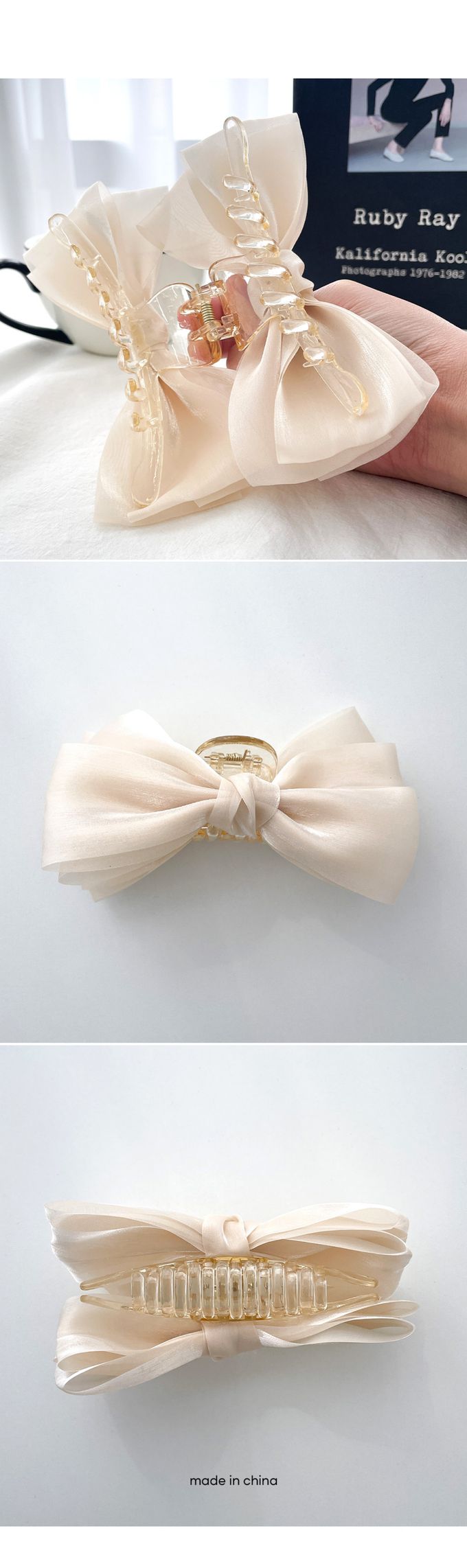 韓國 Soo&Soo - 低調光澤蝴蝶結髮夾/抓夾-杏