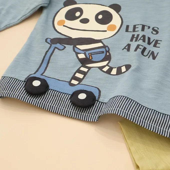 日本 ZOOLAND - 春季拼接風長袖上衣-滑板車小熊-黃