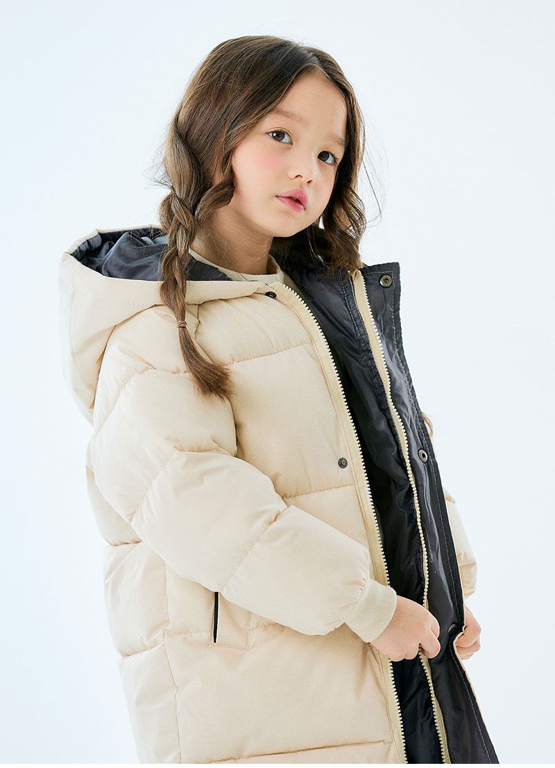 韓國 OZKIZ - 大口袋澎澎長版防風連帽外套-象牙白