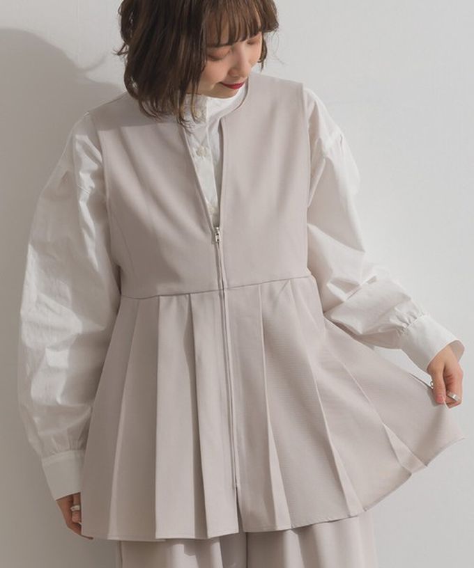 日本 ELENCARE DUE - 正式感斜紋布優雅百褶背心-象牙米