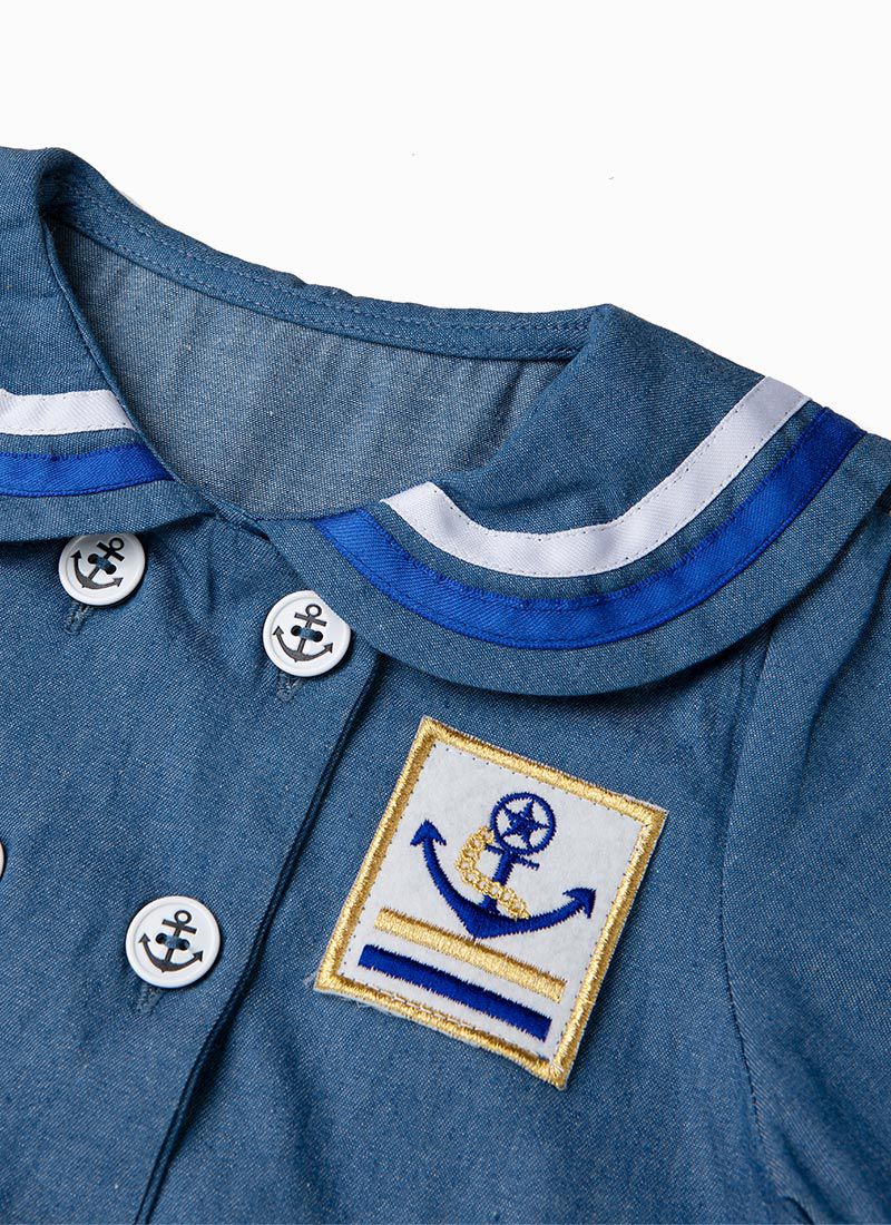 韓國 OZKIZ - 丹寧水手翻領排釦套裝-丹寧藍