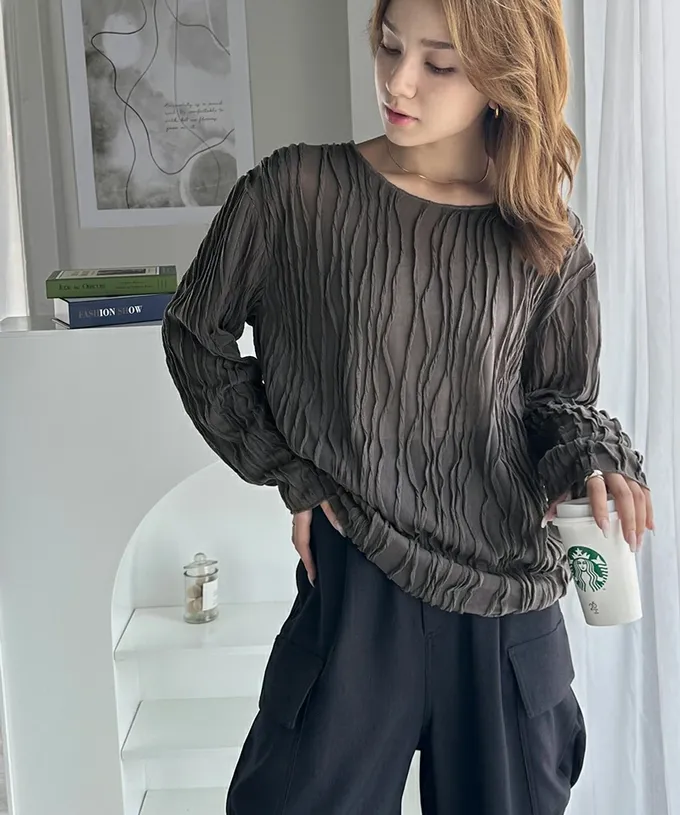 日本 Classical Elf - 圓領波紋透感長袖上衣-深灰藍