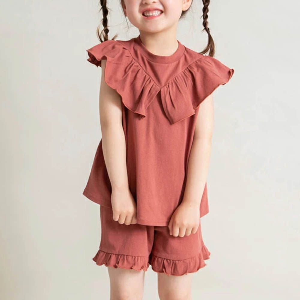 俏皮荷葉大翻領短褲套裝-咖啡