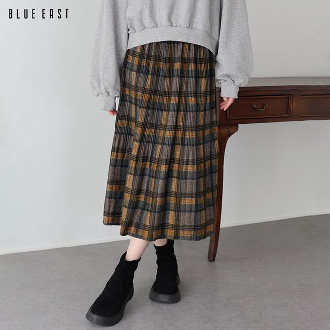 日本 BLUE EAST - 經典季節感格紋百褶長裙-咖啡系 (M)