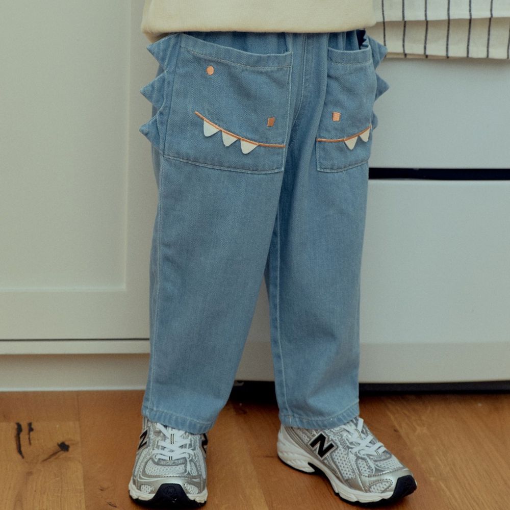 First Blue 鬆緊腰鋸齒造型口袋丹寧長褲