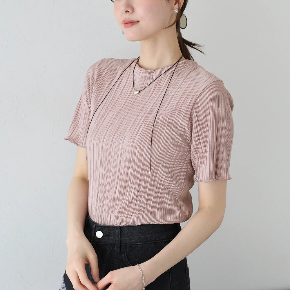 韓國製 圓領輕盈細摺光澤短袖上衣-粉 (M)
