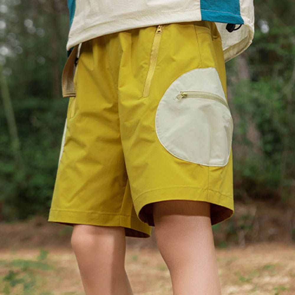 輕薄透氣吸濕速乾短褲-撞色圓口袋-黃綠色