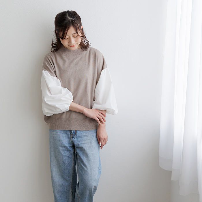 日本 ihuu - 氣球袖拼接薄針織上衣-黑x白