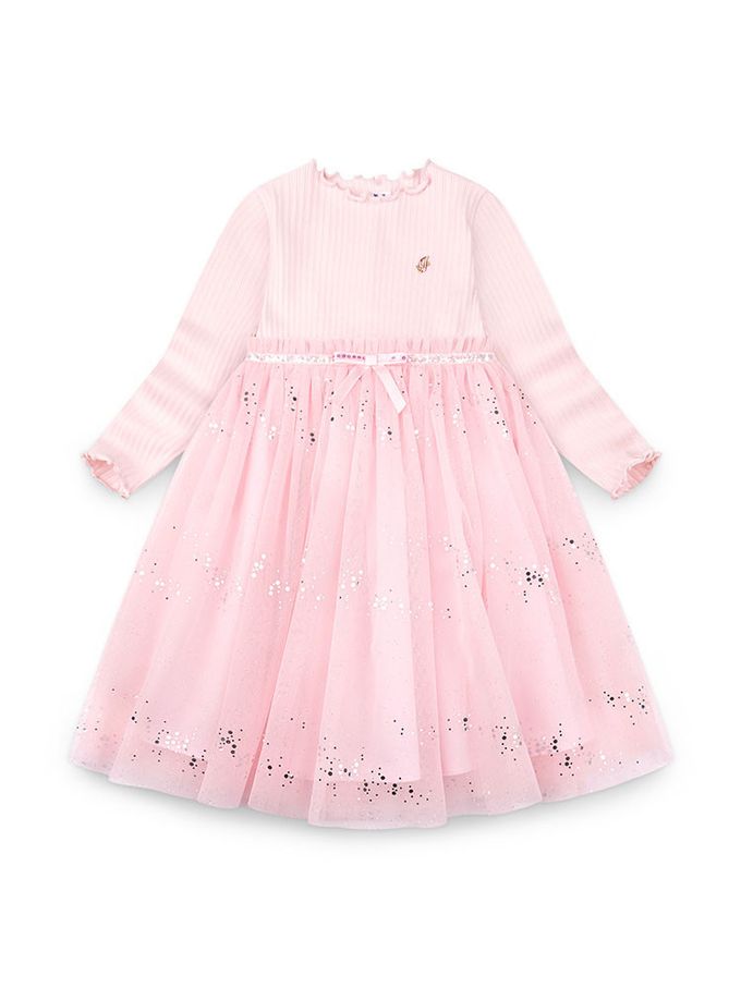 韓國 Jelispoon - 閃亮J裝飾拼接亮片網紗裙洋裝-粉