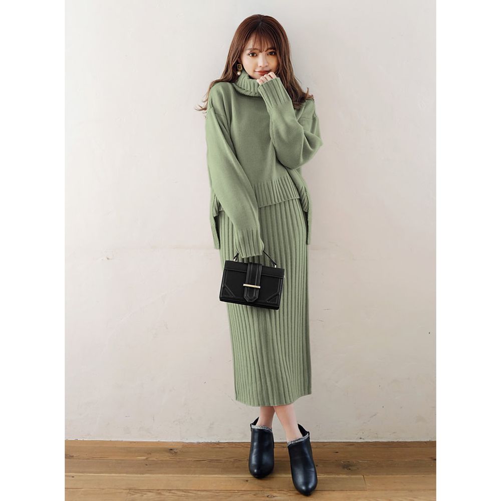 日本 GRL - 寬鬆高領針織上衣X長裙套裝-莫蘭迪綠