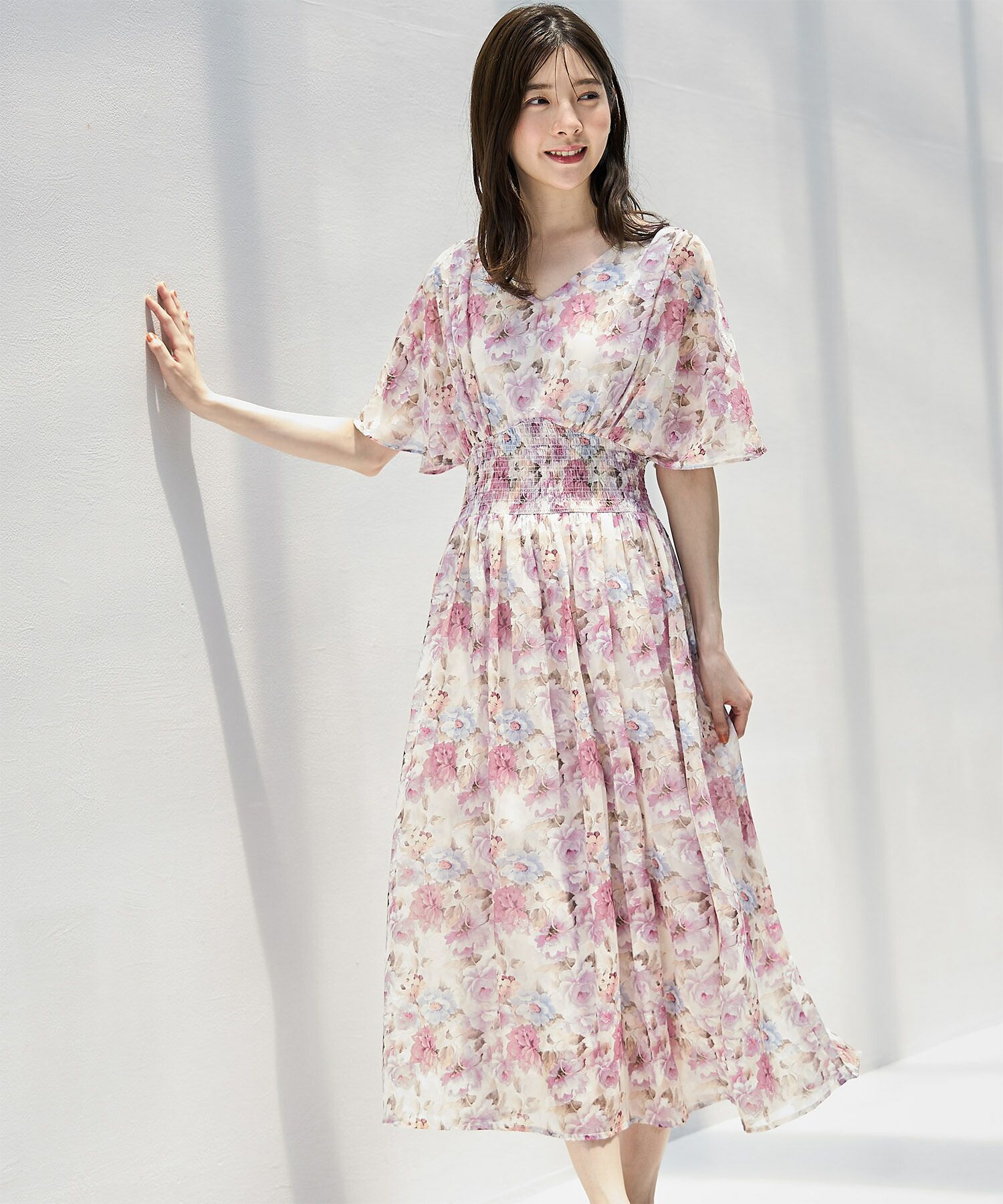 日本 tocco-closet - 後綁帶浪漫暈染碎花雪紡洋裝-水藍