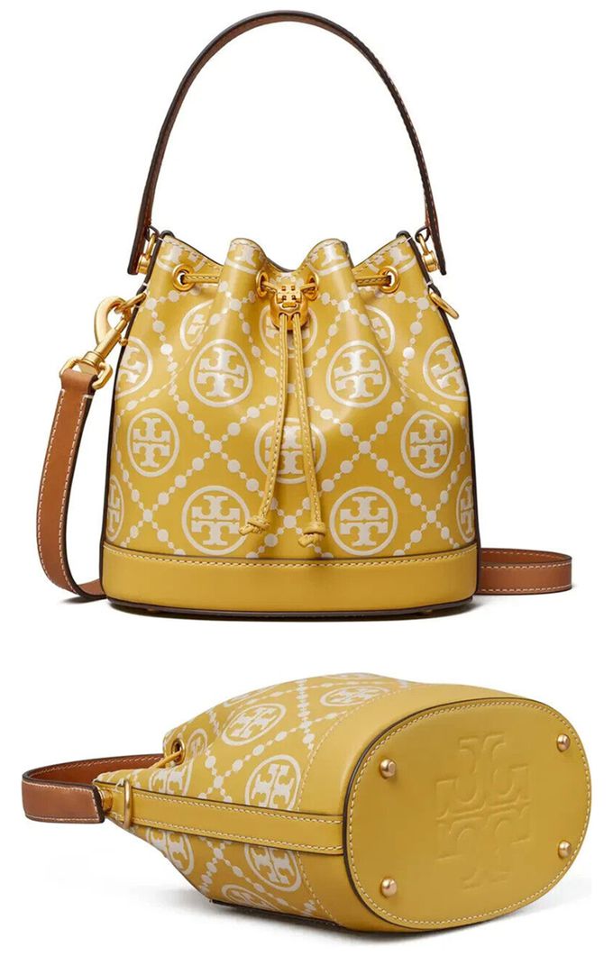 TORY BURCH - 滿版LOGO皮革斜背水桶包 (黃色)