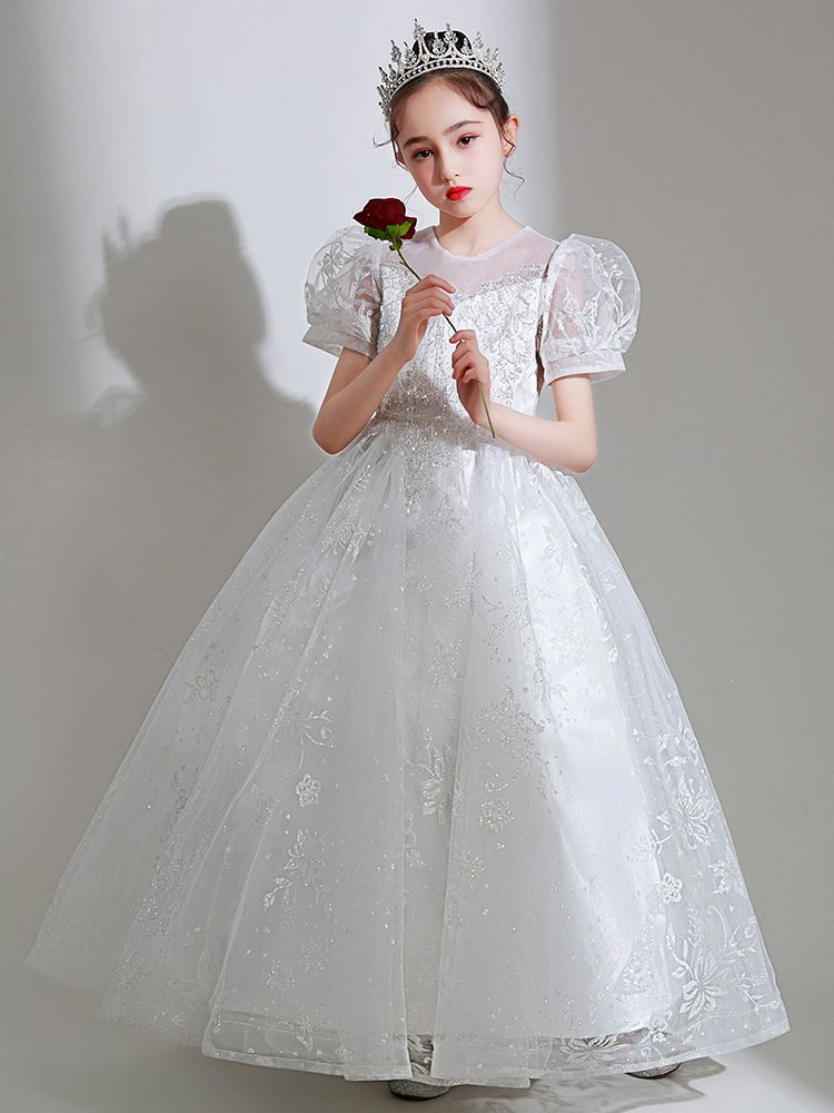 桃心V領公主泡泡五分袖網紗禮服-滿滿亮片-白色