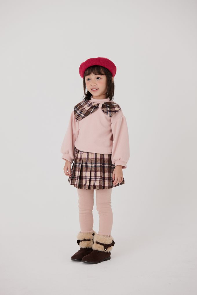 韓國 Coco Bang - 鬆緊腰格子百褶裙-粉X咖