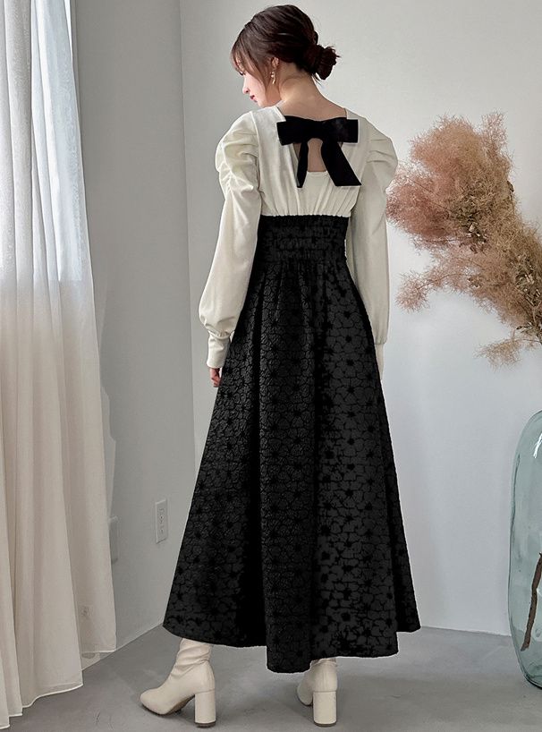 日本 GRL - 絕對優雅緹花拼接後綁帶洋裝-黑x白