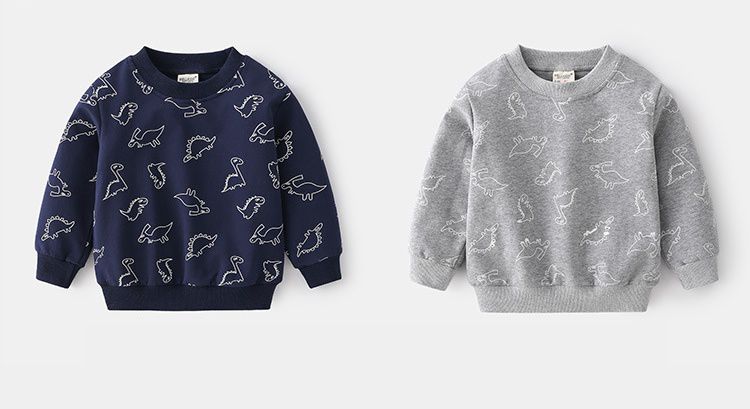 WELLKIDS - 棉質圓領長袖上衣-簡畫小恐龍-灰色