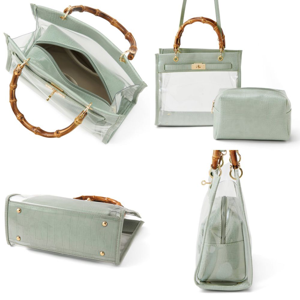 日本 GRL - 仿竹把手透明子母梯形手提包/側背包-仿皮-灰杏 (F)