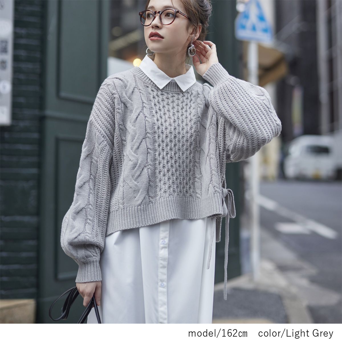 日本 Rejoule - 短版側蝴蝶結綁帶編織紋針織毛衣-黑 (M(Free size))