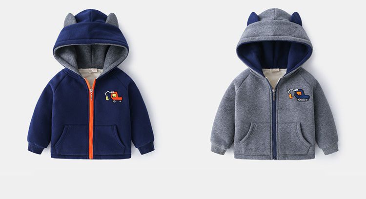 WELLKIDS - 加絨造型暖暖連帽外套-工程小車車-深藍色