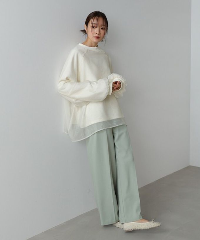 日本 Bab - 熱銷經典 薄紗層次裏毛長袖上衣-淺灰