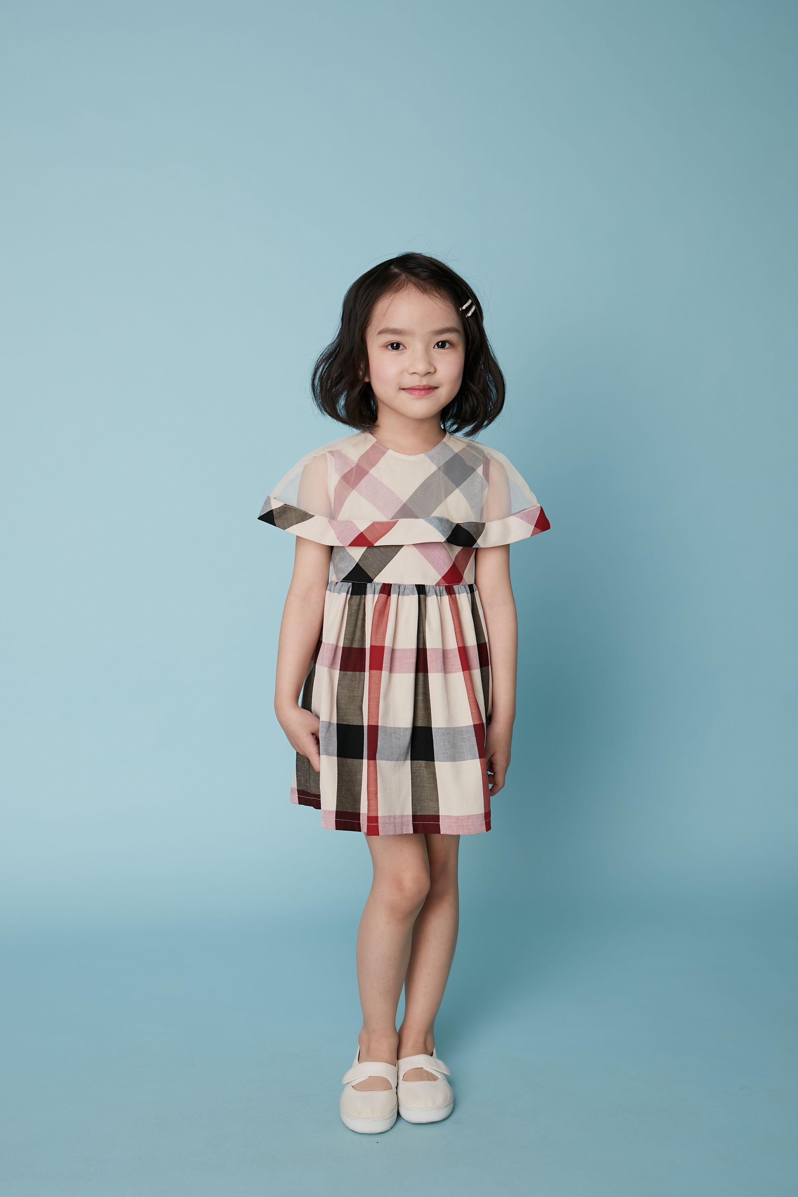 韓國 Coco Bang - 透膚披肩英倫格紋洋裝