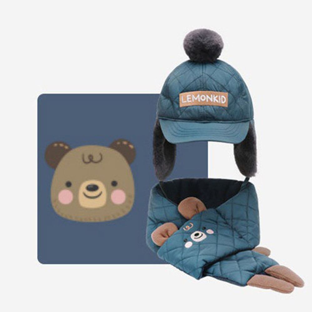 韓國lemonkid - 滑雪帽子圍巾二件套(圍巾+帽子)-深藍小熊 (52cm)