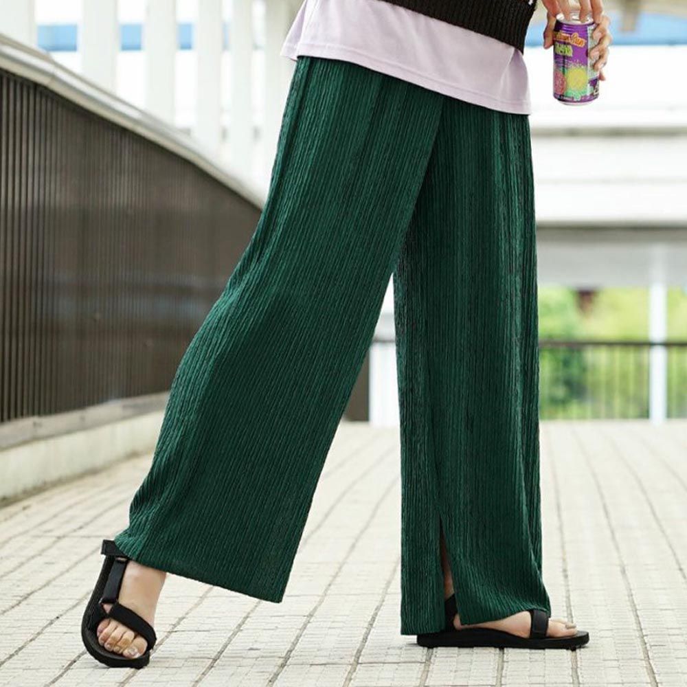 日本 zootie - 簡約波浪皺縮垂墜感寬褲-高原綠