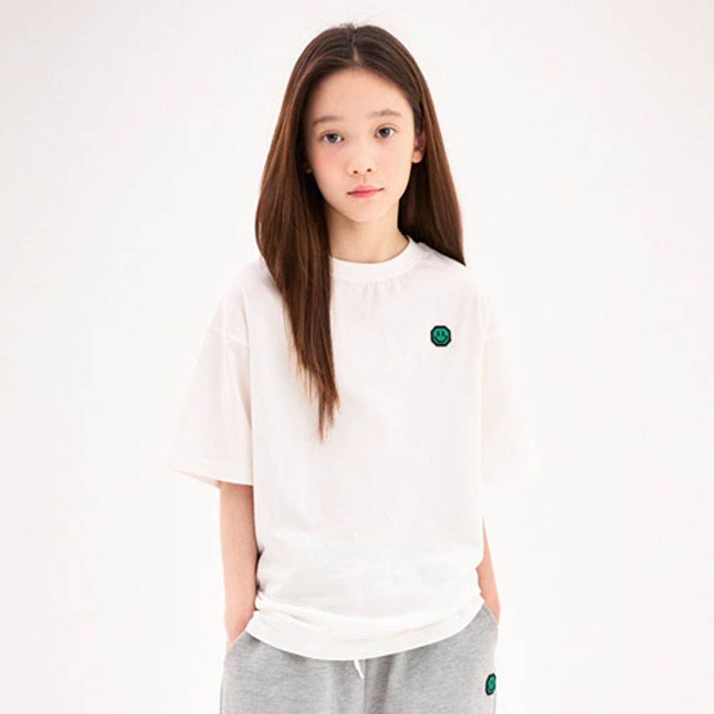 小笑臉裝飾寬鬆純棉短袖上衣-白