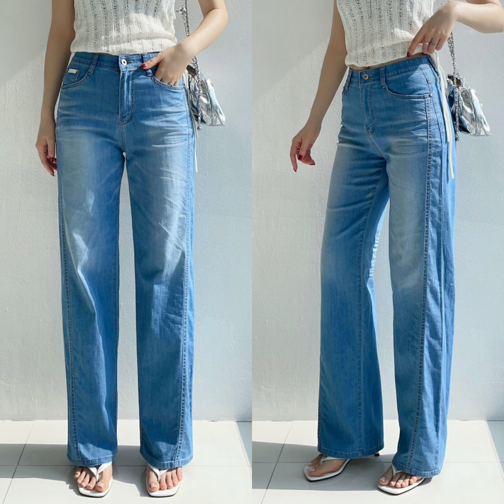 Howluk (Cool Max)彈性腰立體切線長腿丹寧褲-中青