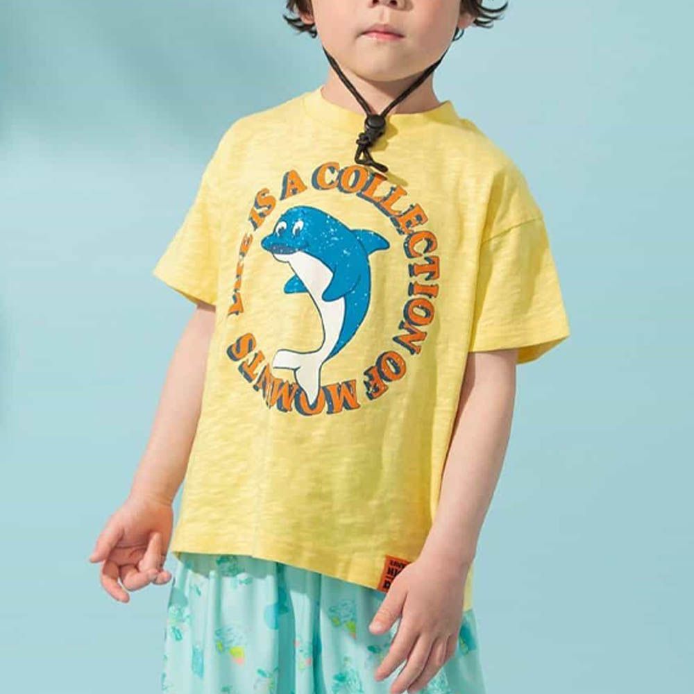 復古感動物印花短袖上衣-海豚-黃