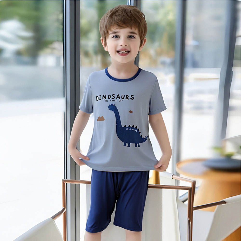 涼感莫代爾短袖套裝/家居服-恐龍-灰藍