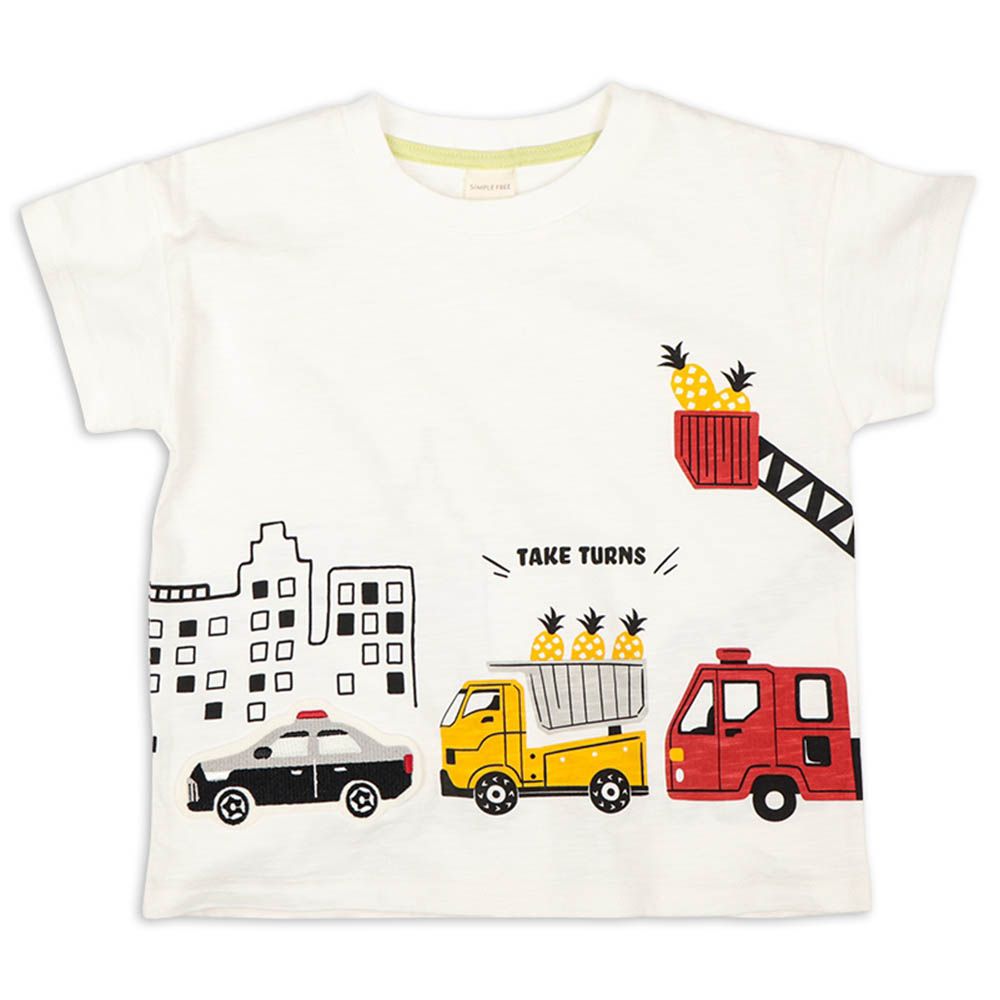 短袖T恤-排排站圖案-米白色