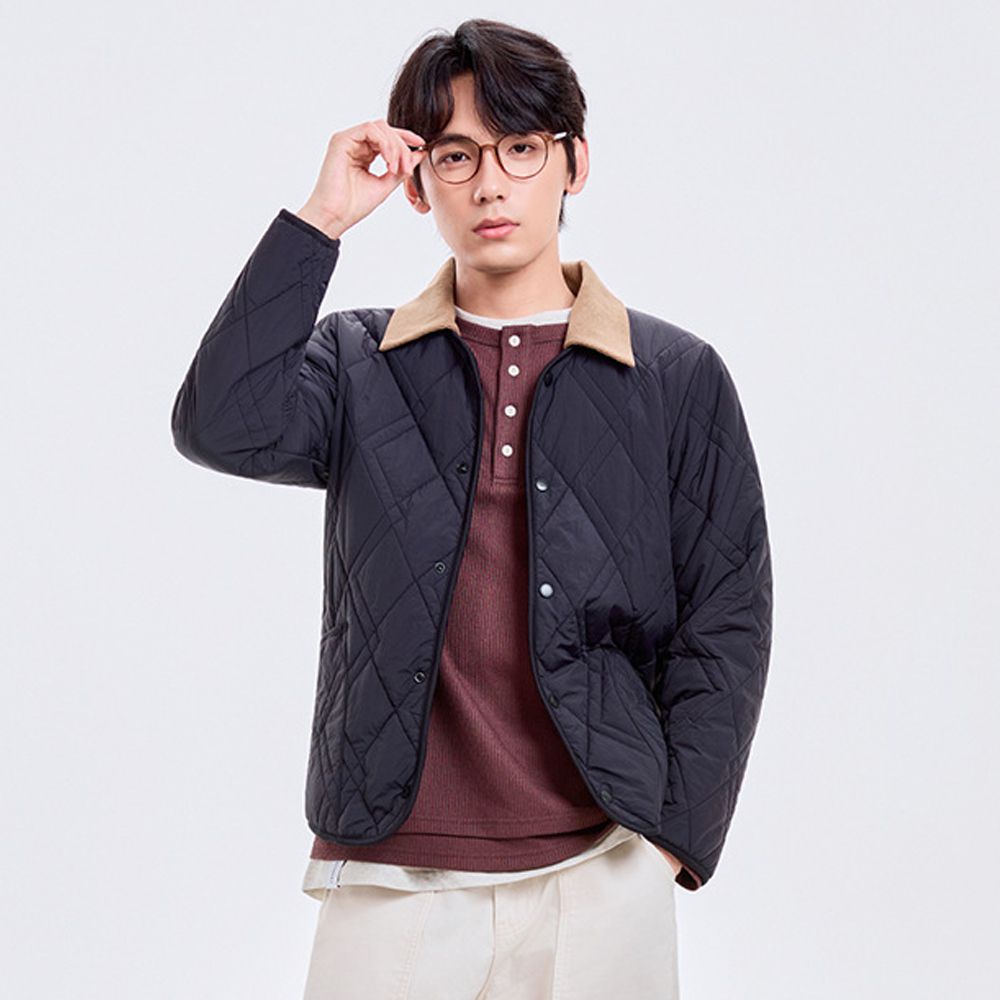 輕暖 2WAY可拆式翻領 羊毛鋪棉絎縫外套-男款-黑色