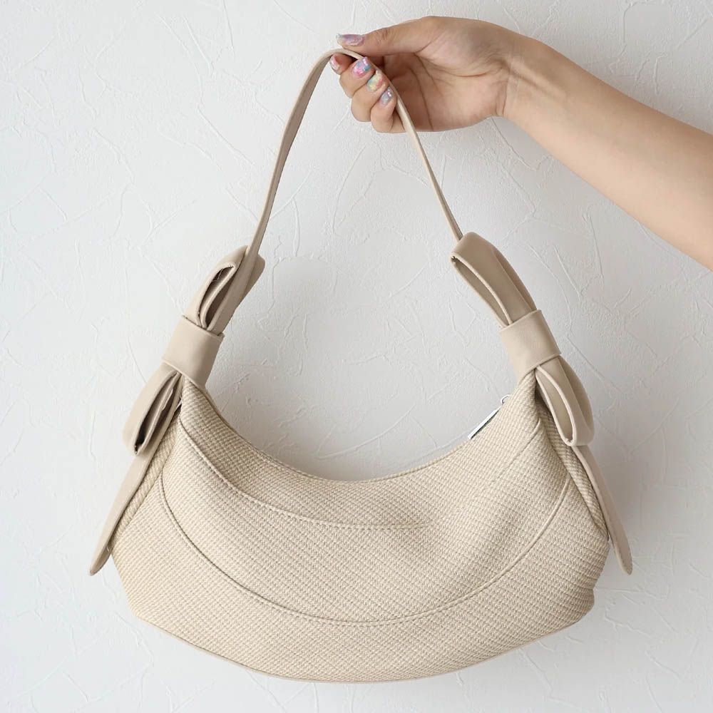 可愛雙蝴蝶結時尚紋理肩背小包-淺杏