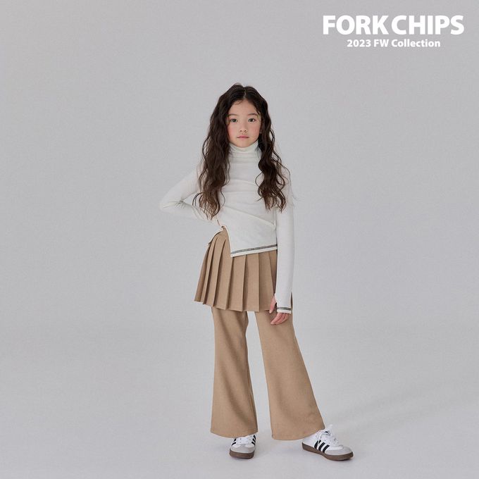 韓國 FORK CHIPS - 鬆緊腰裝飾百褶裙微喇叭長褲-卡其