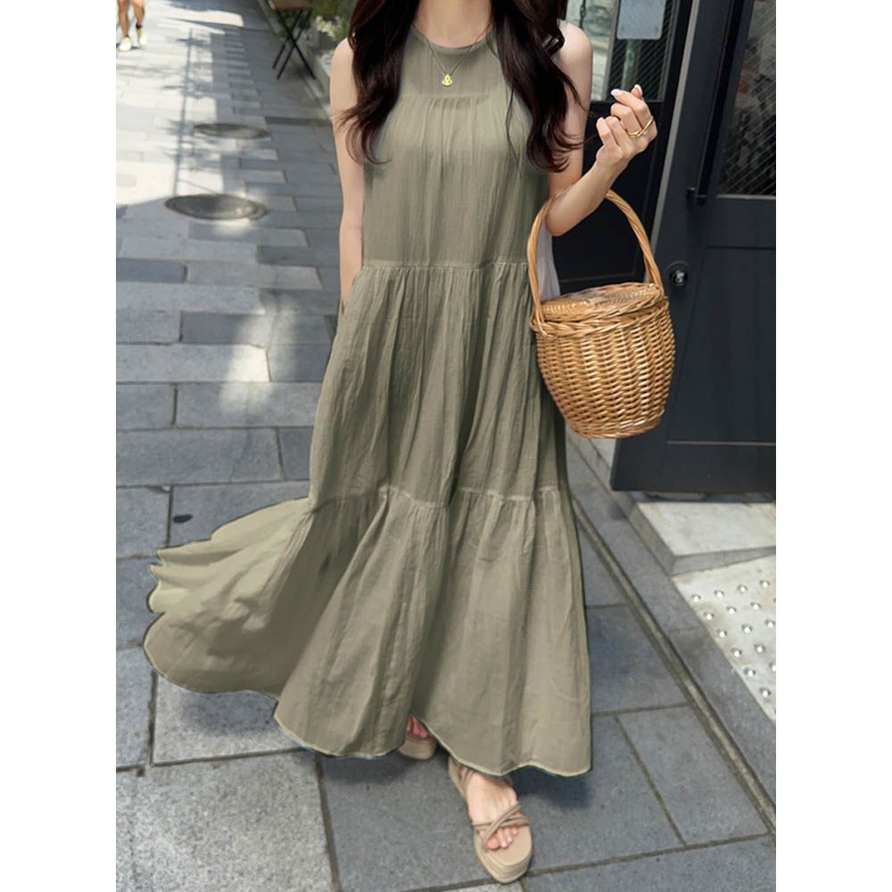 真夏飄逸感分層無袖洋裝-軍綠 (F)
