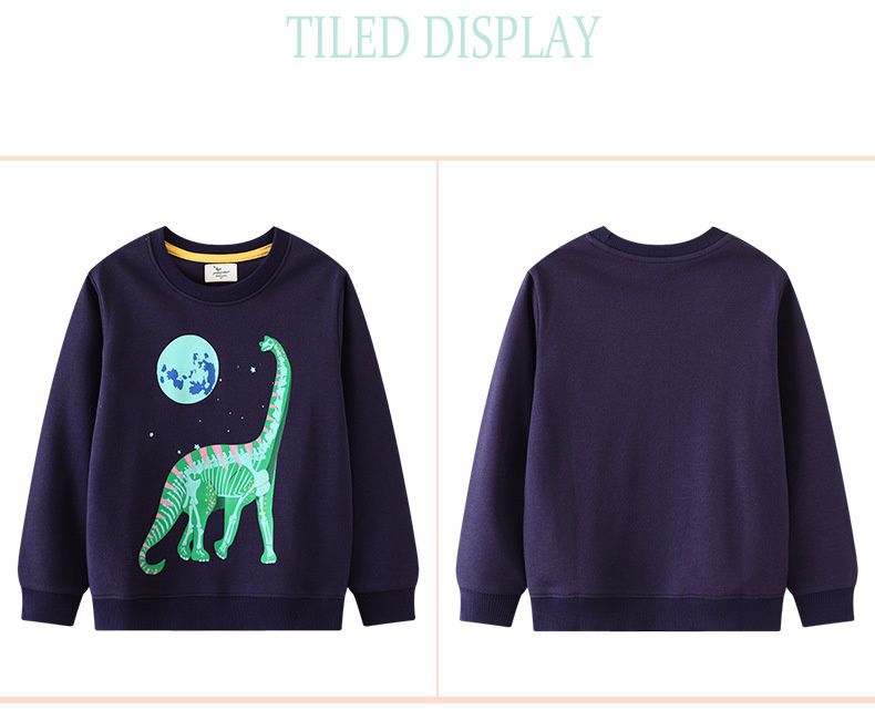 Jumping meters - 夜光圓領棉質長袖上衣/大學T-月球與長頸龍-深藍色