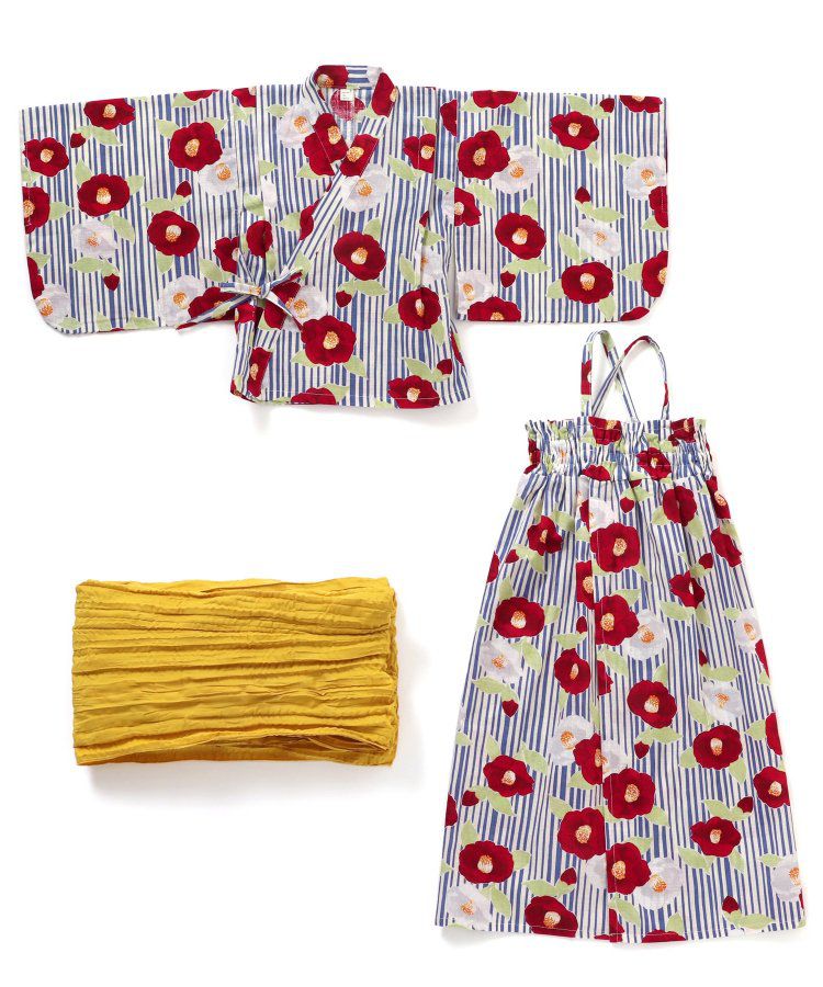 日本 apres les cours - 華麗腰帶風純棉二件式浴衣-椿花-紅藍條紋