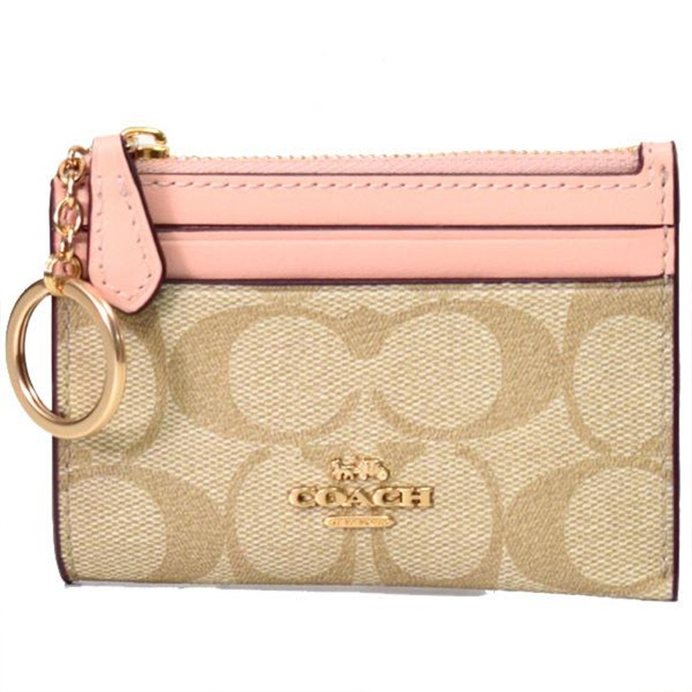 滿版LOGO拼接皮革卡片零錢包 (米粉)