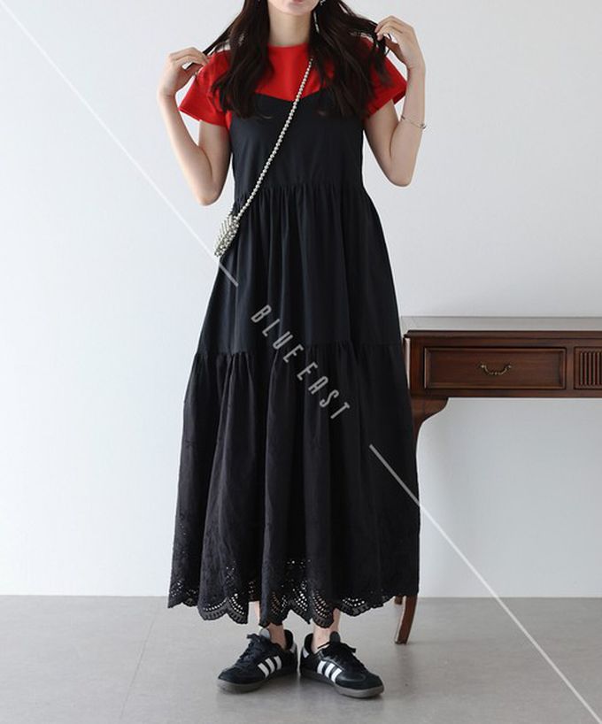 日本 BLUE EAST - 精緻雕花下擺迷人細肩帶洋裝-黑