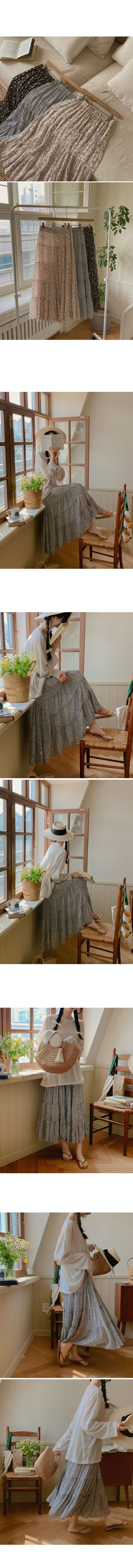 韓國女裝代購 - 鬆緊腰花朵印拼接蛋糕裙-象牙白 (FREE)