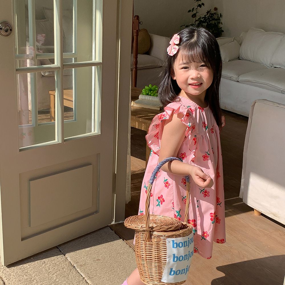 浪漫荷葉袖棉質連身洋裝-繽紛愛心-白色