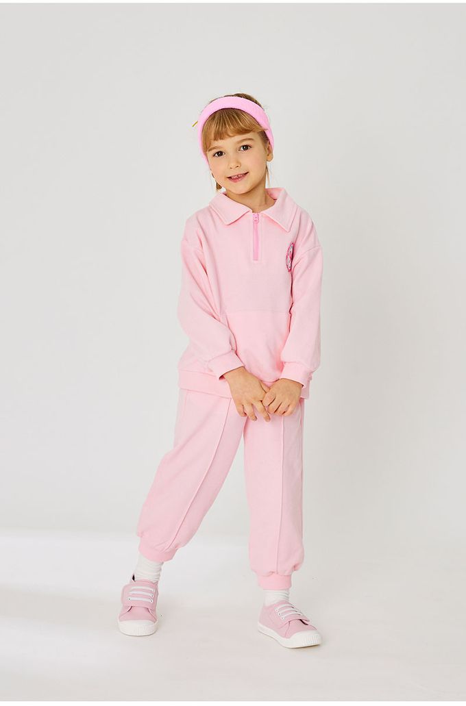 韓國 OZKIZ - 胸前徽章點綴休閒長袖套裝-粉