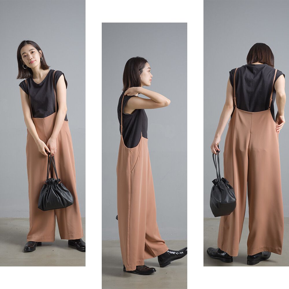 日本女裝代購 - 細肩帶雪紡吊帶長褲-杏 (Free)