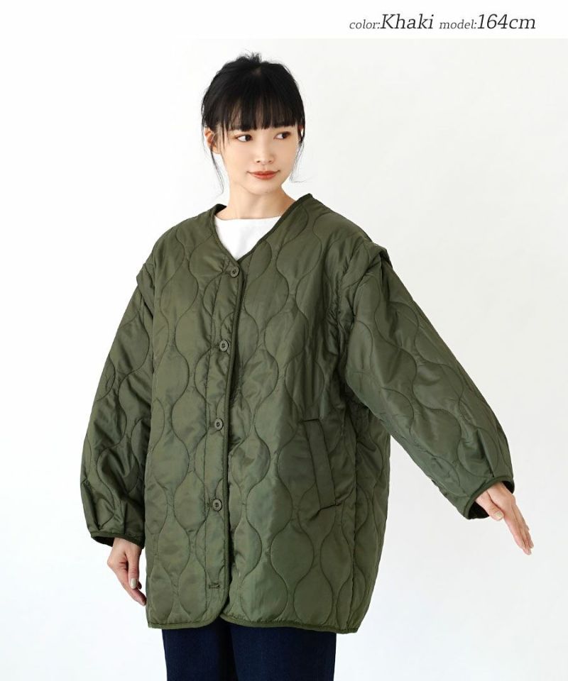 日本 zootie - 2WAY衍縫落肩鋪棉保暖外套/背心(袖可拆)-軍綠